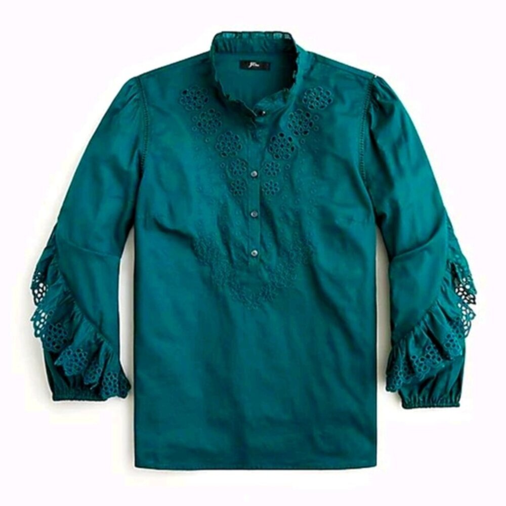 J.Crew Ruffle-Sleeve Popover Top with Embroidered Eyelet Green Cotton‎ Small
